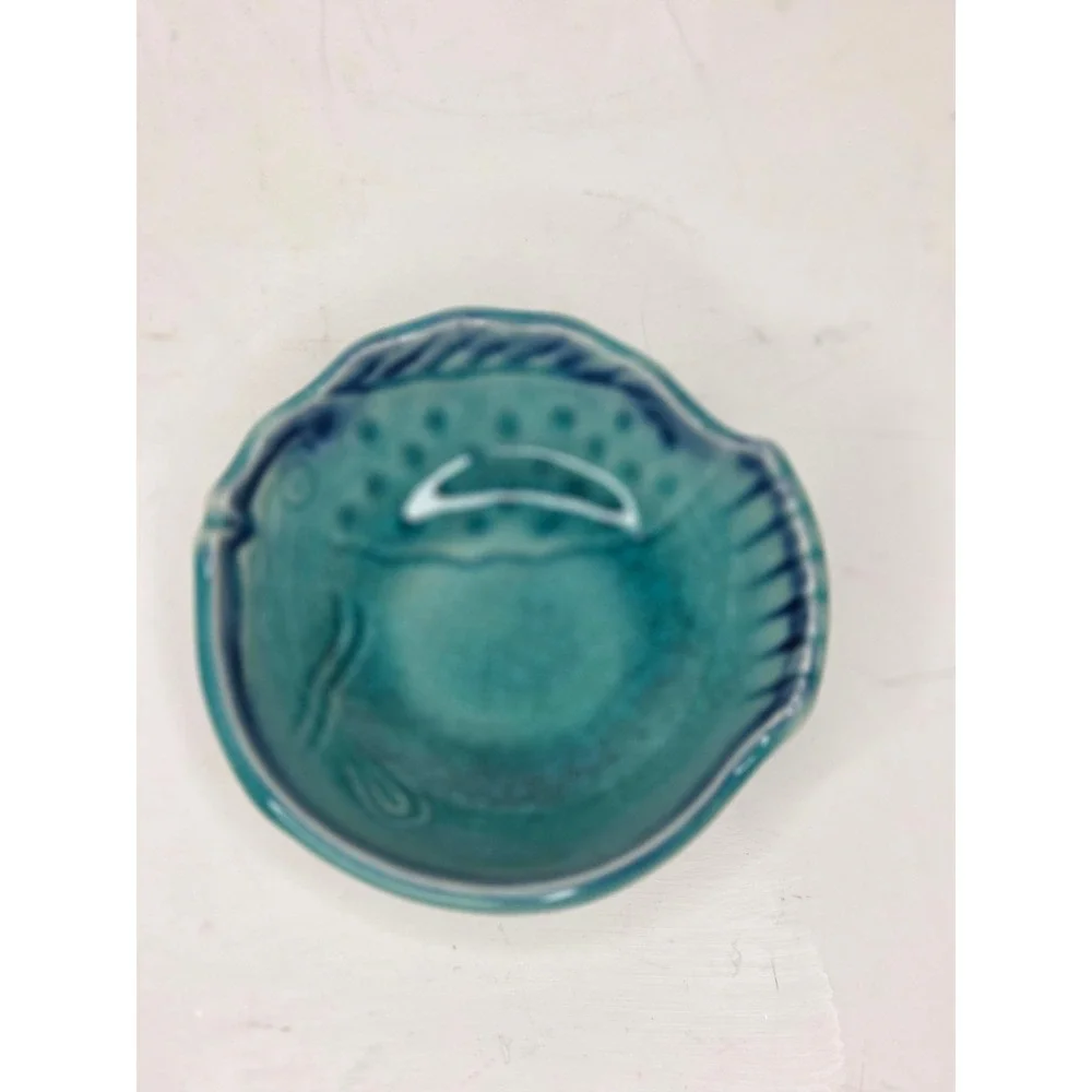 Japanese Turquoise Fish Shaped Pottery Trinket Dish Tea Bag Holders Dip Bowl Set
